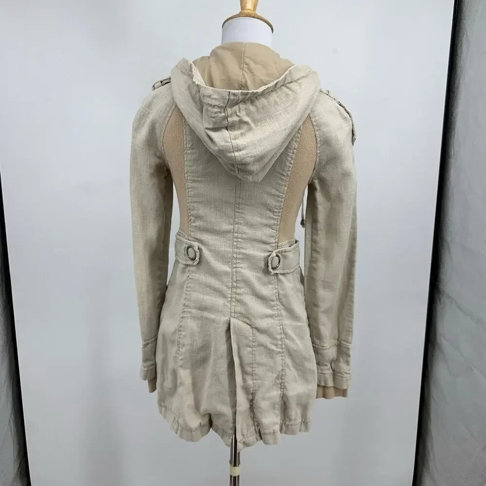 Free People Jacket Womens 0 Beige Ramie Metal Snap Pockets Military Trench Boho
